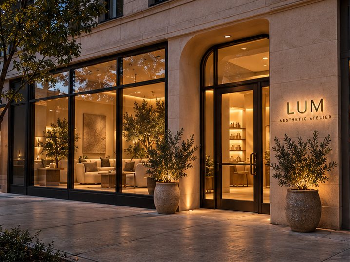 LÜM storefront concept, softly lit at dusk