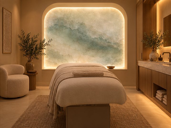 Mineral Veil suite with softly lit stone feature wall