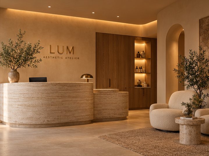 Warmly illuminated LÜM reception with sculpted stone desk and oak walls